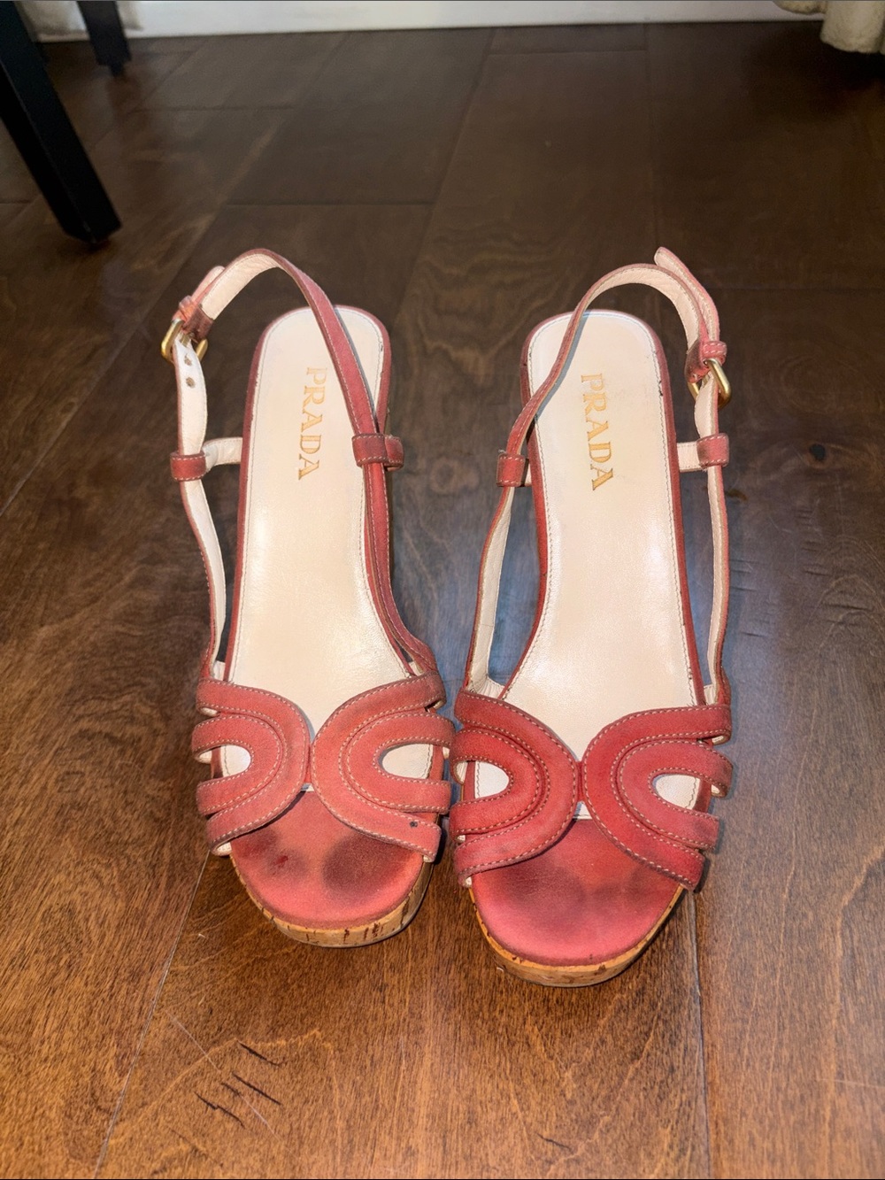 Prada Coral-Peach Leather Slingback Wedge Sandals - Picture 4 of 16